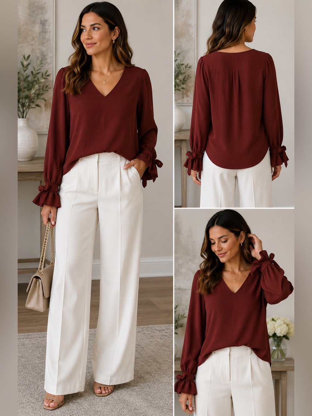 CeCe Blouse XL Burgundy V Neck Ruffle Tie Cuff Romantic Boho Cottagecore Flowy